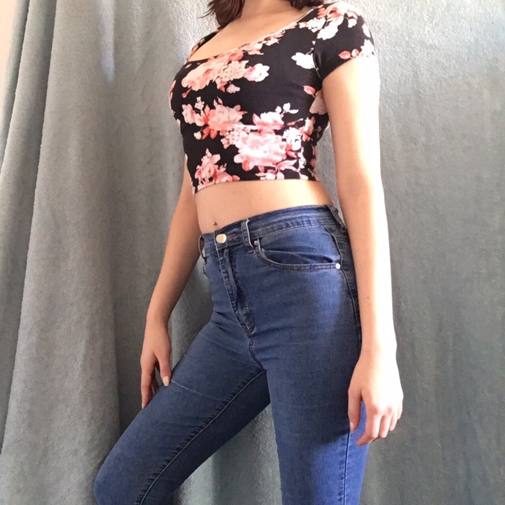 Pink and Black Floral Crop Top
